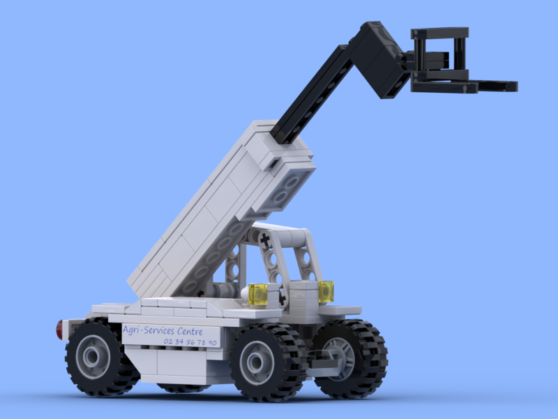 White telescopic handler with forks made of Lego® bricks