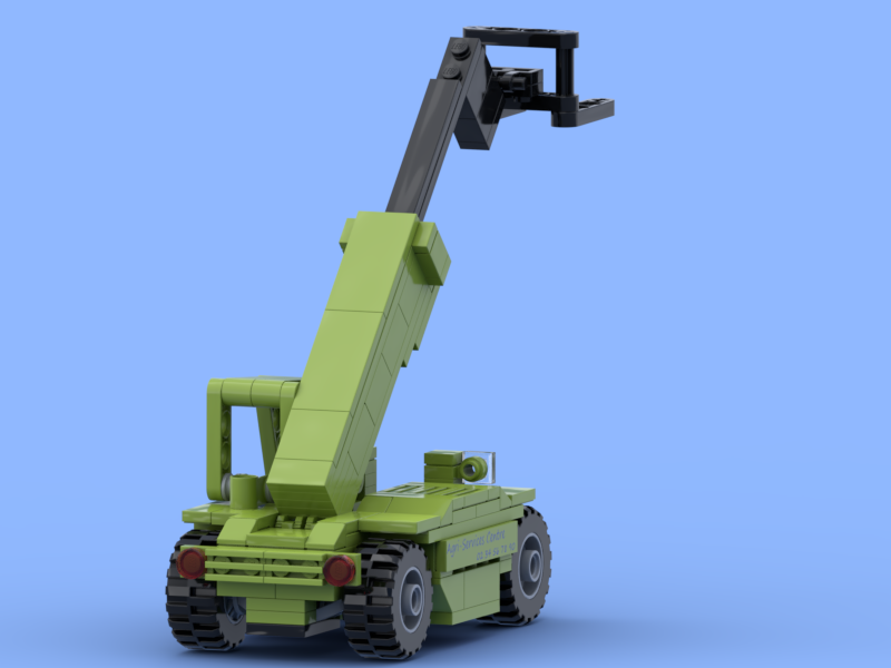 Green telescopic handler with forks made of Lego® bricks