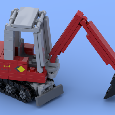 Red mini excavator made of Lego® bricks